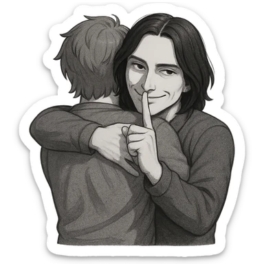 A person hugging another person with a mysterious smile and a finger to their lips sticker