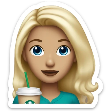 blonde girl blue eyes with Starbucks cup drink sticker