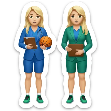Full Body white plus size female basketball head coach using a clipboard with long blonde hair in a blue and green suit sticker