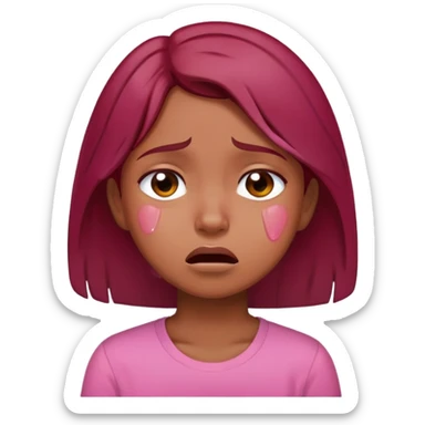 brown girl with dark red hair crying with a pink shirt sticker
