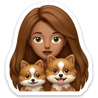 Create an emoji-style illustration of a woman with long brown hair holding one Pomeranian dog. The dog has a black face with a white stripe running down the middle of its nose and mouth. sticker