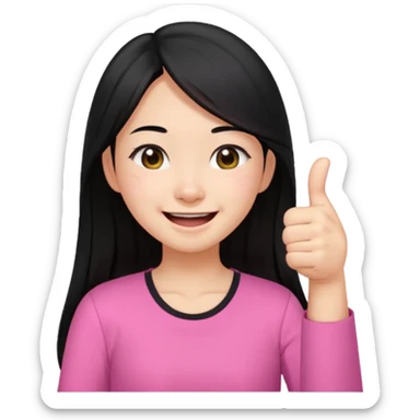 a girl genuinely feeling happy so so so much laughing so hard with her eyes folded long black hair asian girl on a pink shirt with her thumb up sticker