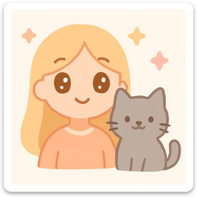 girl with long blond hair, brown eyes, and a grey cat, vibrant anime-inspired style sticker
