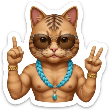 Bodybuilder cat with braids wearing sunglasses with high expressions on face like stoned and showing middle finger and cigar in mouth  sticker