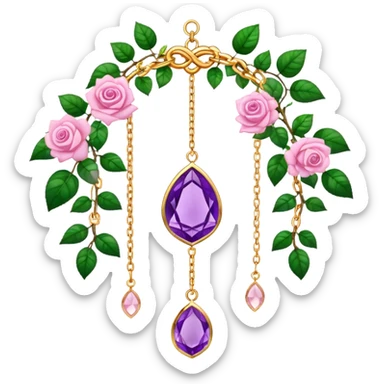 Hanging suncatcher, gold chains with shiny sparkly amethyst and rose-quartz gemstones, roses, beautiful leaves, gorgeous aesthetics sticker