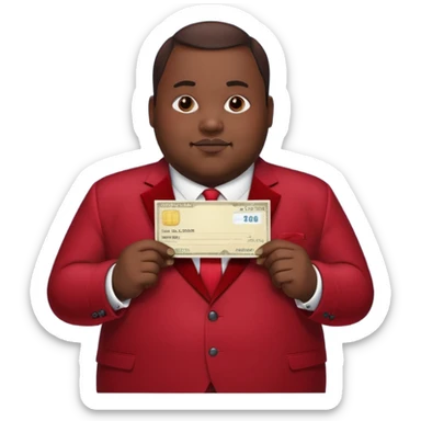 fat guy bold head in dark red velvet suit holding cheque sticker