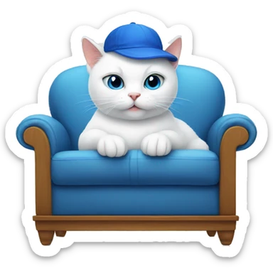 white cat wearing a blue hat and sitting on a couch sticker