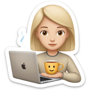 laptop, neutral face in display, cup of tea nearby sticker