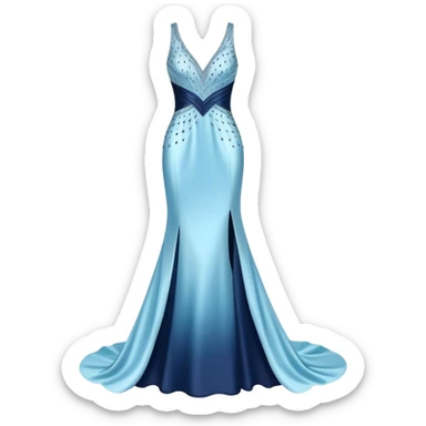 Realistic isolated long slim pastel blue formal party satin dress with gradient shiny sparkling navy blue diamonds embroidered on it. sticker