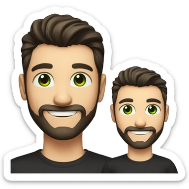 Handsome man with dark hair, gradient short hair on the side, green eyes. Big smile and thin face. Black t-shirt. A little beard, pointing to the right sticker