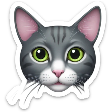 dark grey cat, pink nose, green eyes, white long whiskers, white spots near the nose, white breast sticker