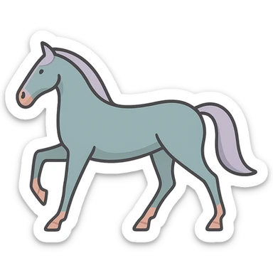 Create an icon-color-outlined style illustration of a horse in Chinese eastern style. The pose should match the reference image. Use thin, clean contours and soft rounded shapes. Employ a pastel palette with colors #98B5BC, #B5B3C1, #C9A3C9, #E4C0CA, #F7DCD1, #F7C0AA. Include detailed shadows and highlights with soft lighting. The background should be transparent. The horse should appear less cute and have no decorative elements. sticker