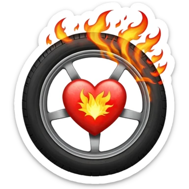 a car wheel on fire, sparks flying from underneath, and a red heart in the center of the wheel sticker