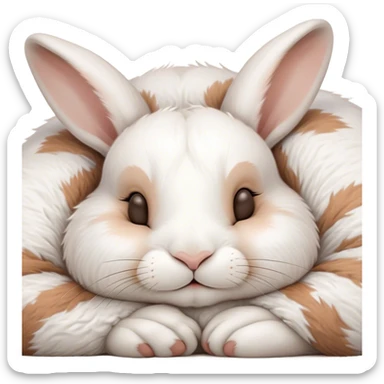 Meme-Worthy Cute Sleeping White and Brown Rabbit Portrait Emoji, Head resting peacefully with a contented smile, showcasing a delightfully balanced build and a luxuriously soft patterned fur of white and brown, eyes shut in a serene nap, Simplified yet hilariously adorable features, highly detailed, glowing with a soft, drowsy light, high shine, relaxed and utterly lovable, stylized with an air of playful laziness, bright and heartwarming, soft glowing outline, capturing the essence of a comically sleepy bunny, so meme-worthy it feels like it could instantly become the next viral sensation of adorable slumber! sticker