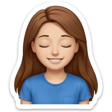 female face smiling with closed eyes with long brown hair and brown eyes in a blue t-shirt sticker