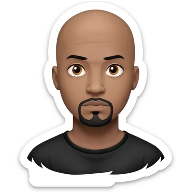 đàn ông 30 tuổi, da đen, đầu trọc, râu quai nón đen, có hình xăm trên mặt, áo đen, mặt nghiêm túc sticker