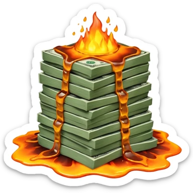 Transform the stack of money into lava money: make the bills appear to be melting and turning into glowing, molten lava with realistic textures and dramatic lighting. Keep the background transparent. The style should reflect a realistic molten lava effect with glowing and melting details. sticker