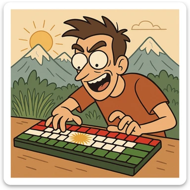 cartoon keyboard theme with background of Kurdistan mountains, yellow sun and Nowruz greenery, keys colored with Kurdistan flag colors sticker