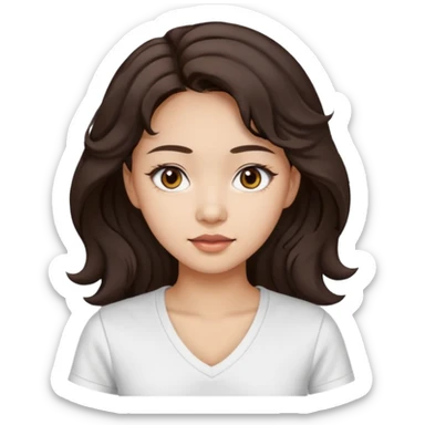 iOS style emoji. A girl with very long dark brown wavy hair. And the eyes color is dark brown. And she is wearing white t shirt with V kneck. And she is 30. She is Asian with double eyelids  sticker