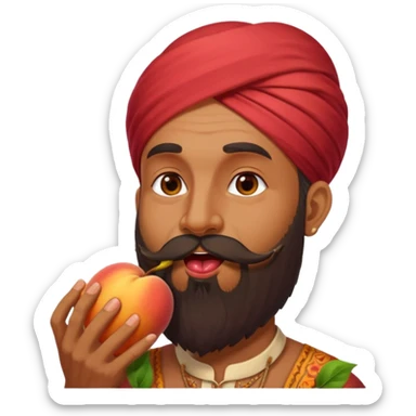 Indian man with a long beard licking a peach sticker