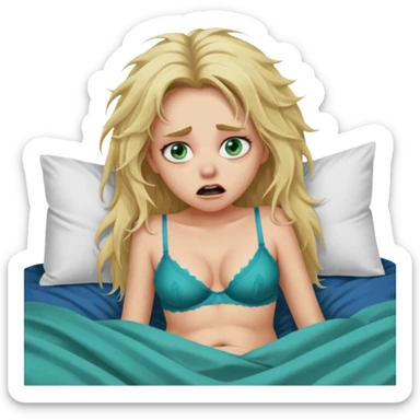Blonde baddie with very long messi hair blue-green eyes  and lay in a big bed in underwear sie hat Todesangst und guckt schmerzhaft und erschrocken ihr Bauch ist dick und ihre Unterhose blutet  sticker