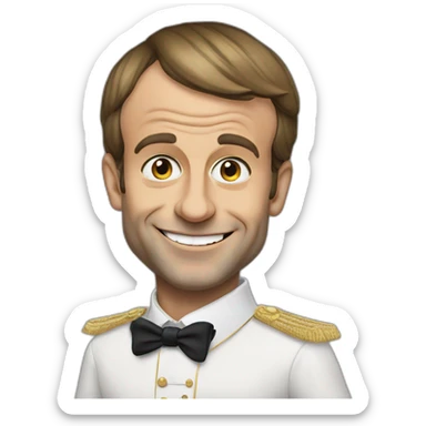 Emmanuel Macron with a troll face and wearing a costume sticker