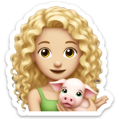 pretty long curly blonde girl holding a baby pig sticker