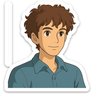 ghibli style good looking young adult boy with brown curly hair and brown eyes sticker
