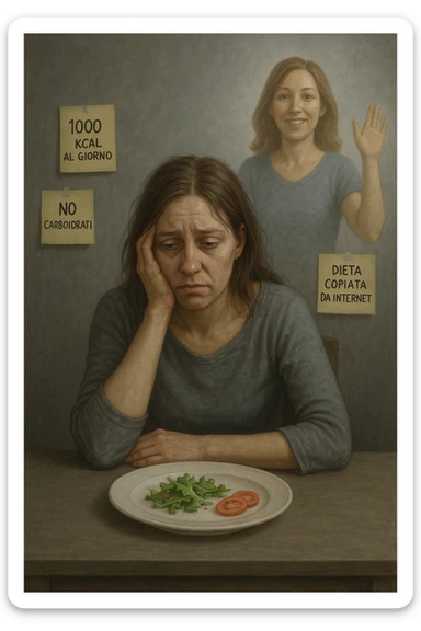 Donna tra i 30 e i 40 anni seduta a tavola, davanti a un piatto quasi vuoto con solo insalata e due fette di pomodoro. Il suo volto è visibilmente triste, stanco, con occhi spenti. Intorno a lei, foglietti attaccati con scritte come '1000 kcal al giorno', 'No carboidrati', 'Dieta copiata da internet'. L’atmosfera è fredda, grigia, priva di energia. Il suo corpo appare spento e scarico. Sullo sfondo, la sagoma di sé stessa più felice e piena di vitalità, come ricordo di un approccio migliore mai seguito. Stile realistico e simbolico sticker