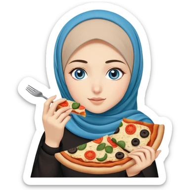 Turkish beautiful finish Konya girl blue eyes with beige and black hijab islamic dress and eating with her hand a slice of vegetable pizza  sticker