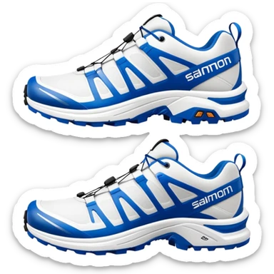 Minimalist white Salomon XT-6 with blue signature Salomon stripe across the middle, one positioned behind the other, iOS emoji style, completely white except for the distinctive colored middle stripe sticker