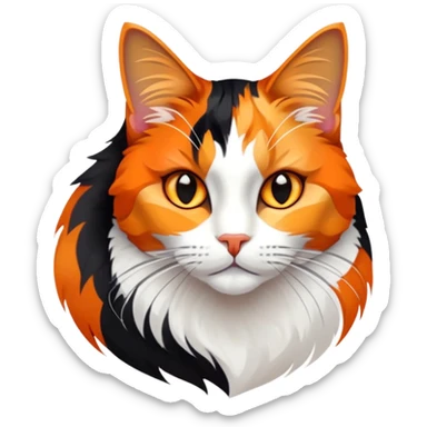 cinematic-noble-calico-cat-portrait-emoji,-poised-and-regal,-with-a-striking-patchwork-fur-in-vibrant-orange,-black,-and-white-hues premoninantly black,-delicate-whiskers-and-a-refined,-relaxed-gaze,-simplified-yet-exquisitely-detailed,-glowing sticker