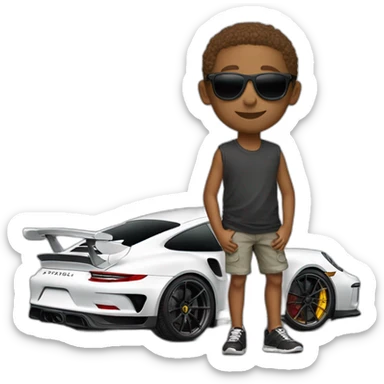 Boy wearing shades in front of Porsche 911 gt3rs  sticker