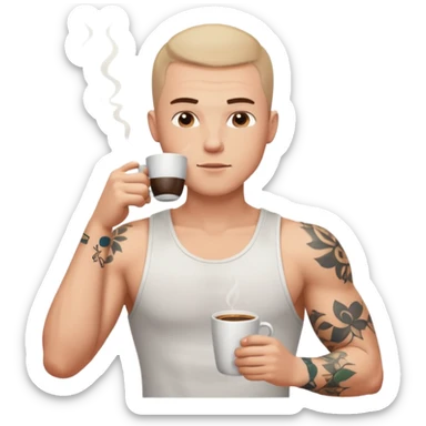 a white short guy wearing a white tank top with a buzz cut drinking a cup of coffee, hes got tattoos on his arms sticker