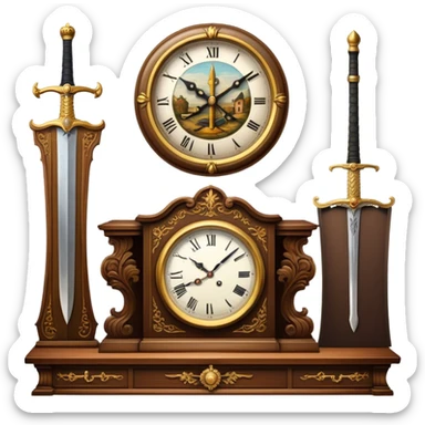 Icon for Antiques Collecting: a vintage clock, intricately carved furniture, famous paintings, antique swords, and rifles. The items are displayed on a wooden table or shelf. The icon should evoke the rich history and craftsmanship of antique collecting. Transparent background. sticker
