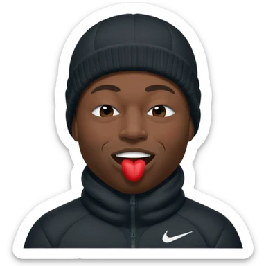 black guy with nike ski mask on squinching his face with his lips puckered trying to hold his laugh with his eyes closed sticker