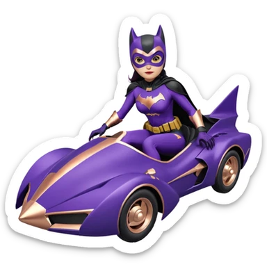  proportionally correct, real-appearance racing adult BatGirl’s feminine midnight-purple tight outfit sixty’s tv show 2032 stealth retro cat burglar sporty petite off-road pursuit hovering black hover cruiser car rose gold accents (black hair,reclined and relaxed seating position and attitude) Dakar sticker