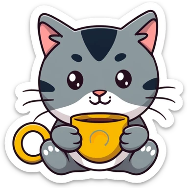 tricolor fluffy cat with big green eyes drinking a cup of coffee sticker