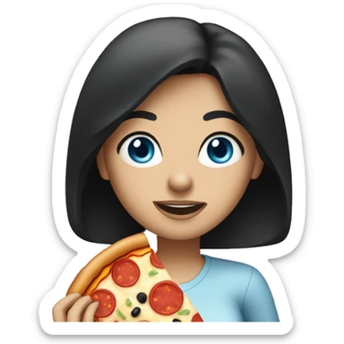 Woman with black hair and blue eyes eating pizza  sticker