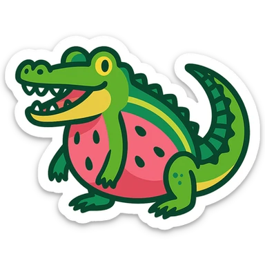 cartoon crocodile with a watermelon-shaped body, realistic crocodile tail and legs, vibrant green and pink colors sticker