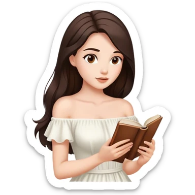 Beautiful woman in 1950’s woman fashion look, off-shoulder white dress, long dark brown hair, reading  sticker