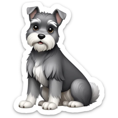 cinematic-[schnauzer]-realistic-full-body-sitting-emoji,-tail-resting-loosely-beside-its-paws,-head-tilted-dramatically, -sleek-[grey and white]-fur,-simplified-yet-realistic-focused-features,-highly-detailed,-glowing-with-an-almost-sarcastic-glow sticker