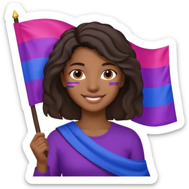 eu com a bandeira bissexual, sou morena, com cabelos negros que vão até a altura dos ombros levemente ondulados, olhos castanhos, sticker