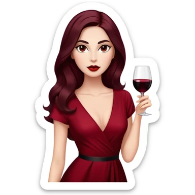 Glamorous woman with radiant fair skin, elongated face, large dark almond eyes with dramatic eyeliner, thick defined eyebrows, full red lips, long dark straight hair with soft waves at ends, wearing wine red velvet V-neck dress, confident expression sticker