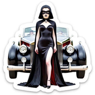 Wednesday Adam’s Blood stained Satanic Darth Vader black Bare bones (channeled cowl) drag racing and speed record modified (fenders removed) chopped streamlined sporty roadster that is a (stripped down) hot street rodded engine sports car 1952 Rolls Royce Woody futuristic  wide racing wheels sticker