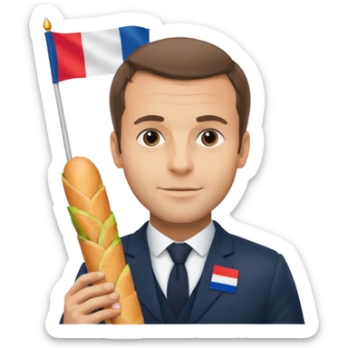 Macron avec une baguette et un drapeau français derrière lui sticker