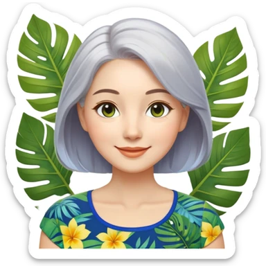 A woman with light complexion, oval face with soft rounded features, full cheeks, gentle almond-shaped eyes with subtle smile lines, silver-gray hair parted to the side, wearing a vibrant short-sleeved blouse with tropical leaf print in blue, green, and yellow, exuding warmth and joy. sticker