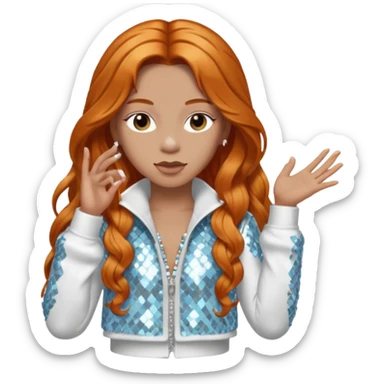 Ice Spice, Rapper (b.2000) with long ginger hair, ivory tour sequin outfit sticker