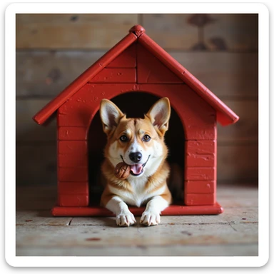 realistic red dog house with a Corgi dog inside, Corgi with a chew toy, photorealistic style sticker