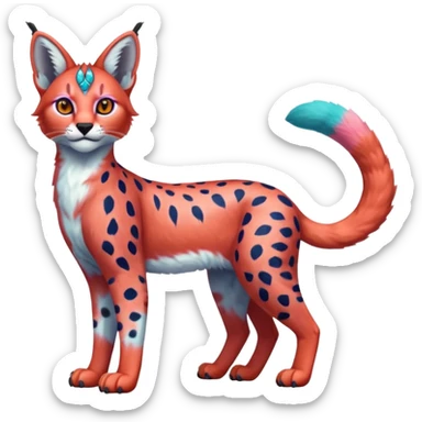 Colorful bluish cute adorable tropical exotic fruity rosy neon-red Caracal-Cheetah-Serval-Snow-Leopard-Trico-Sergal-Vernid-fusion-hybrid-animal-creature, full body, with tribal markings sticker